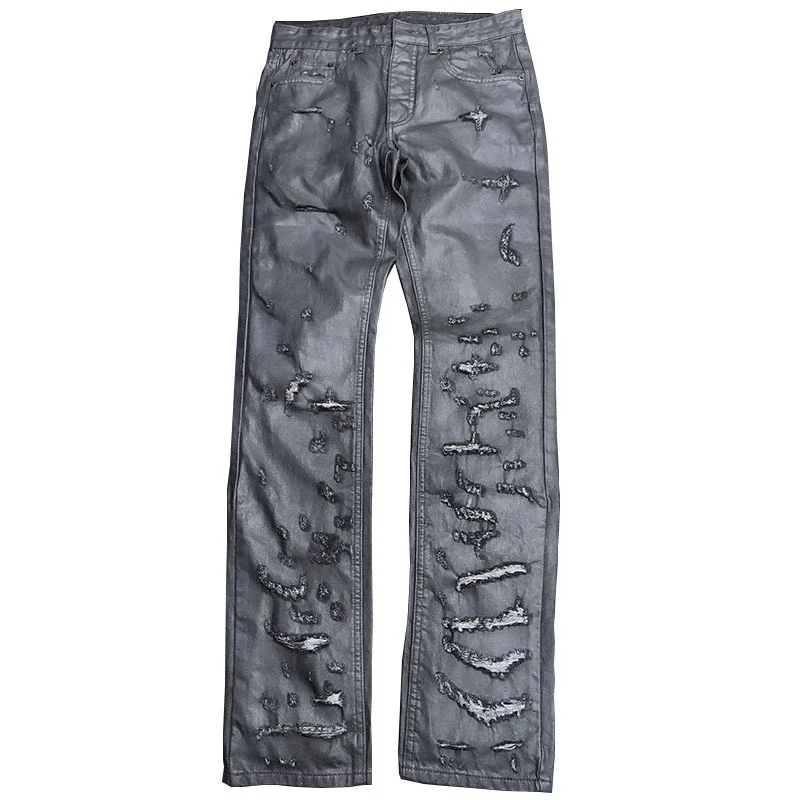 Coated Distressed Straight Leg Jeans