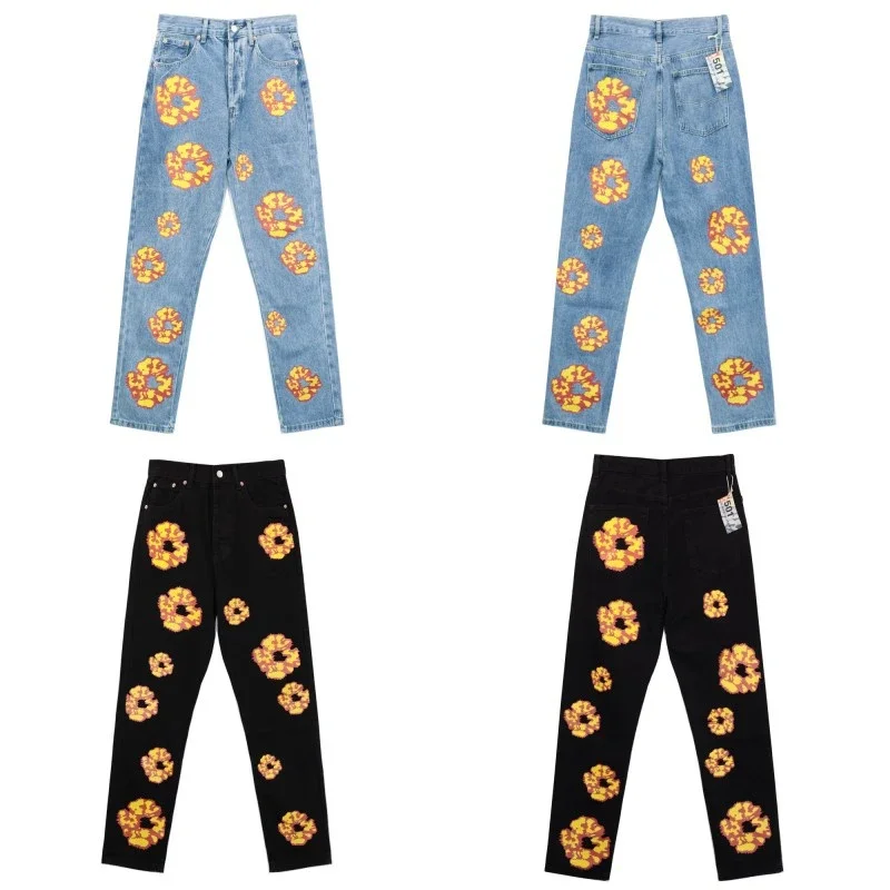 Cotton Wreath Print Straight Jeans