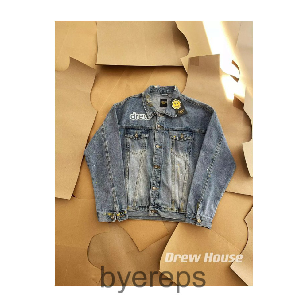 DR * W HOUSE Justin Bieber Same Inkjet Flip Smiley FOG Jacket Denim Jacket Drew Flip Smiley Splash Ink Denim Blue Jacket