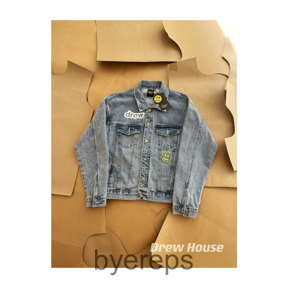 Dr * w House Trucker Jacket Turn Patch Smiley Pattern Washed Old Denim Jacket Coat