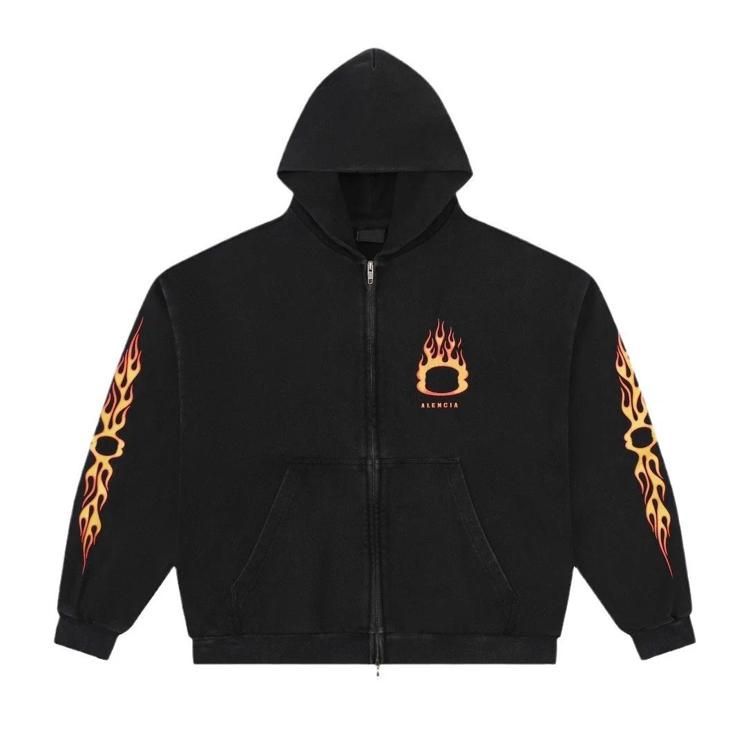 Flame Print Zip-Up Hoodie