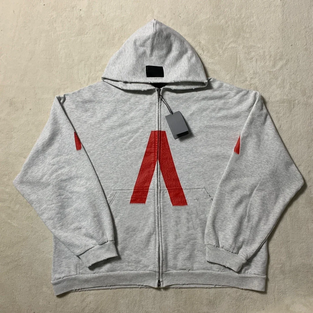 Grey Distressed Red "A" Zip-Up Hoodie
