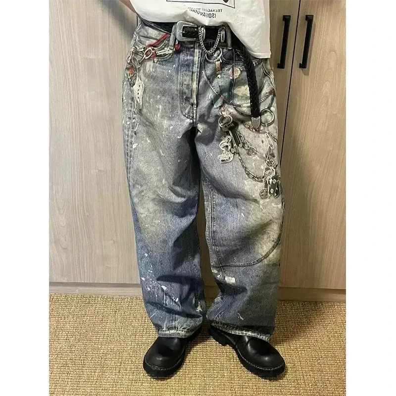 Paint-Splattered Distressed Wide-Leg Denim Jeans