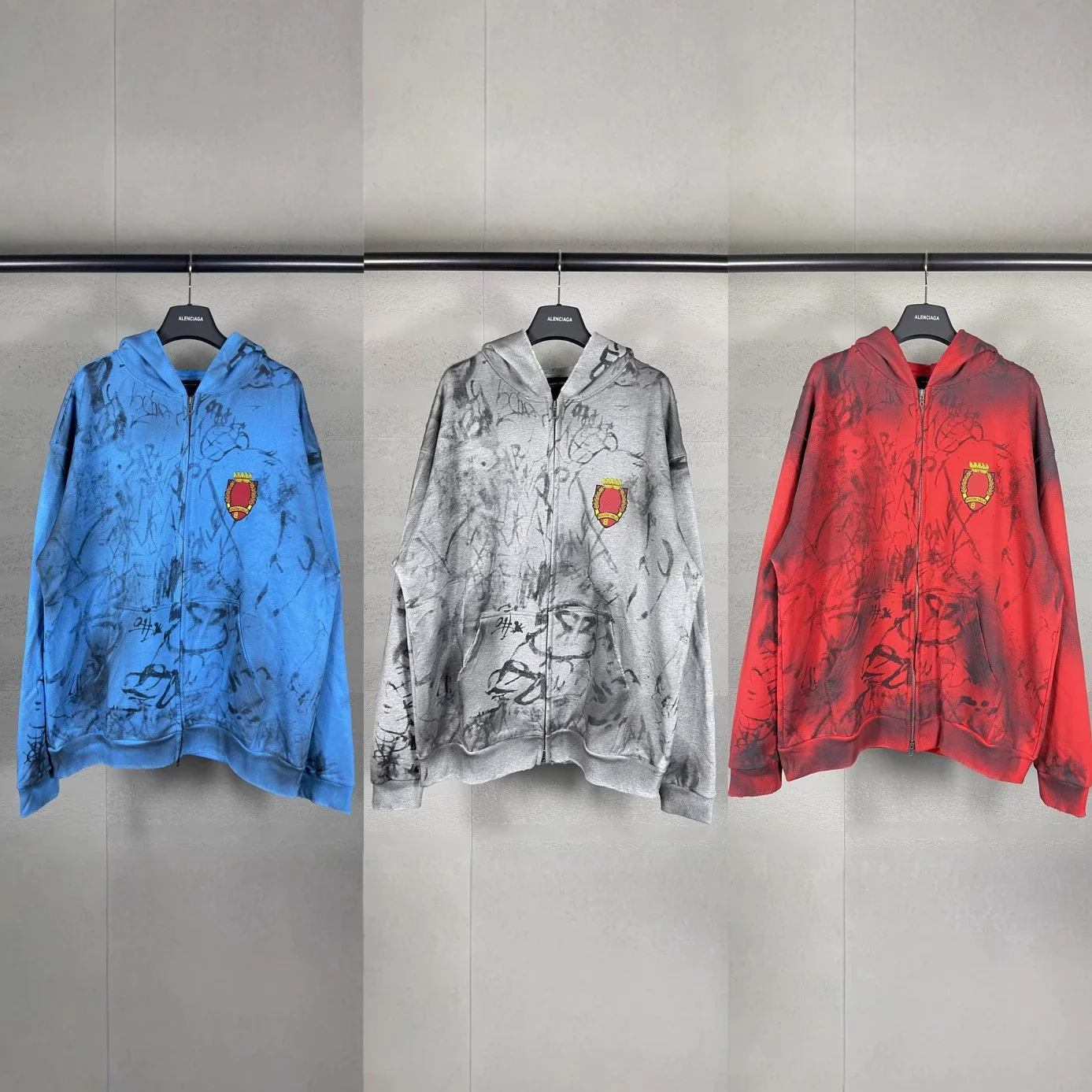 Sketch Print Crest Zip-Up Hoodie