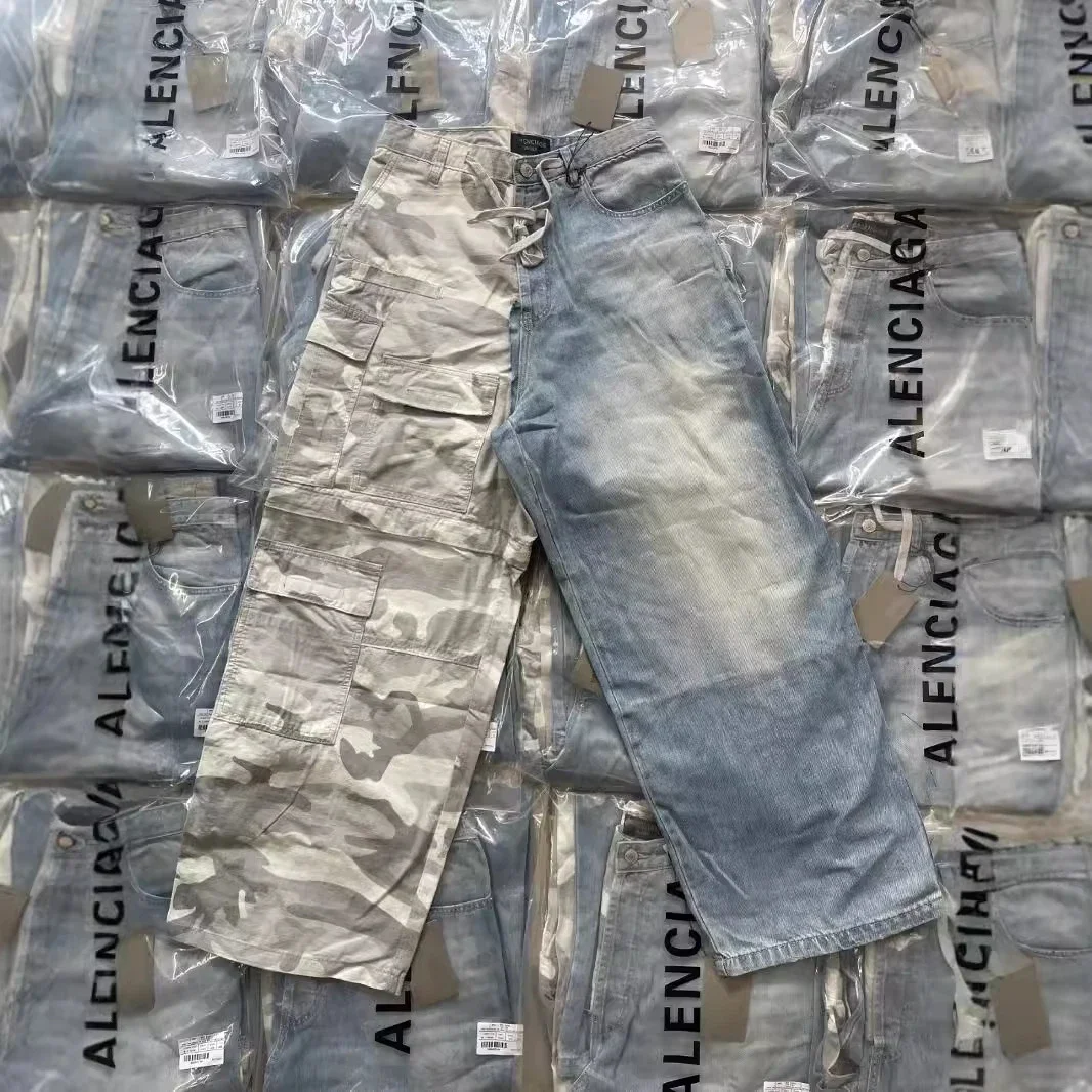 Split Camouflage Denim Cargo Pants