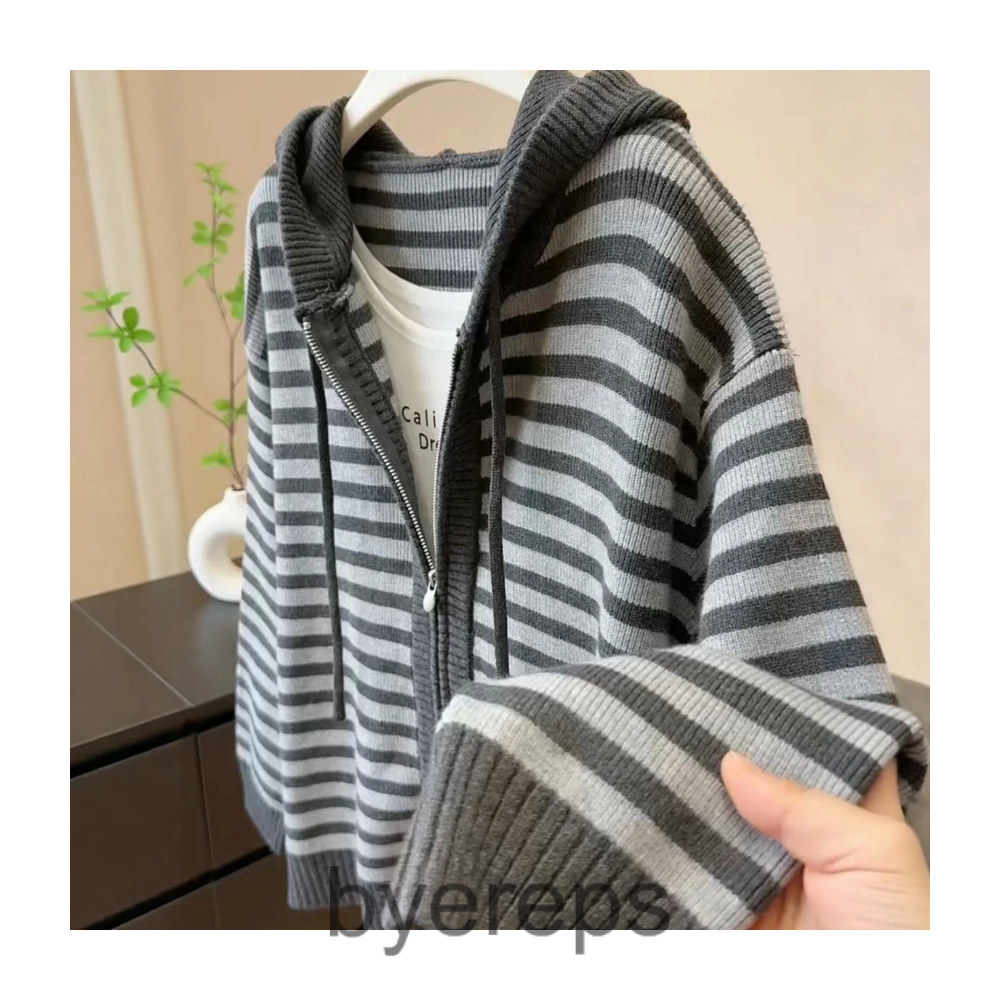 Versatile Striped Hooded Knit Cardigan