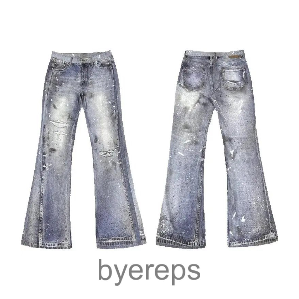 Wanna Lab Ice blue stained flared denim