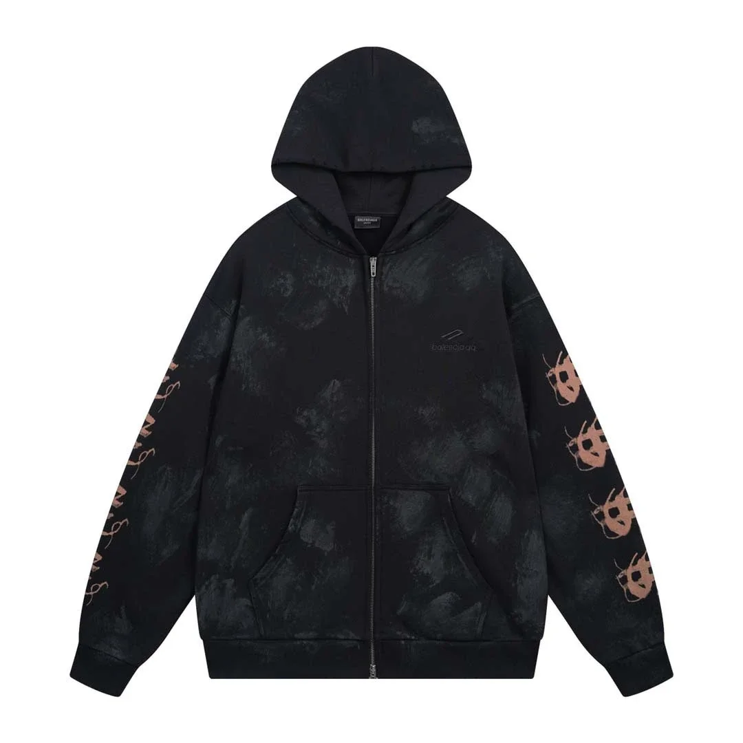 Washed Graffiti Print Zip-Up Hoodie