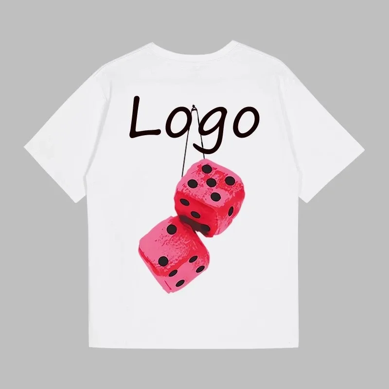 White T-Shirt with Pink Hanging Dice Graphic Print