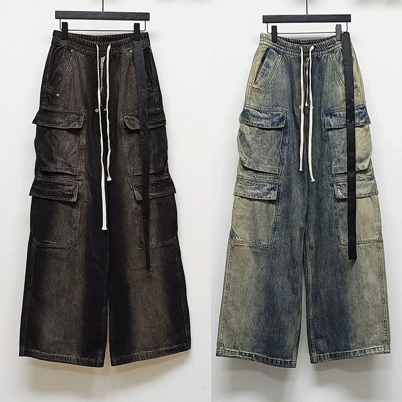 Wide-Leg Washed Denim Cargo Pants